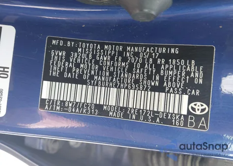 2017 Toyota Corolla Se from USA, damaged, VIN 5YFBURHE7HP695872